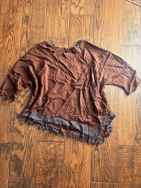 Source Unknown Brown Short Sleeve Fringe-Trim Tunic